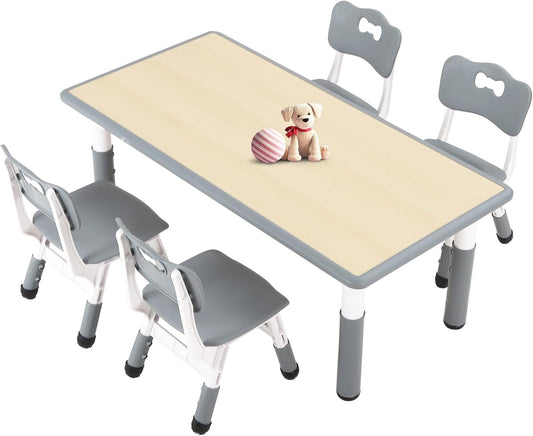 FUNLIO Kids Table and 4 Chairs Set for Ages 3-8, Height Adjustable Toddler Table and Chair Set, Easy to Wipe Arts & Crafts Table, for Classrooms/Daycares/Homes, CPC & CE Approved (5-Piece Set) - Gray