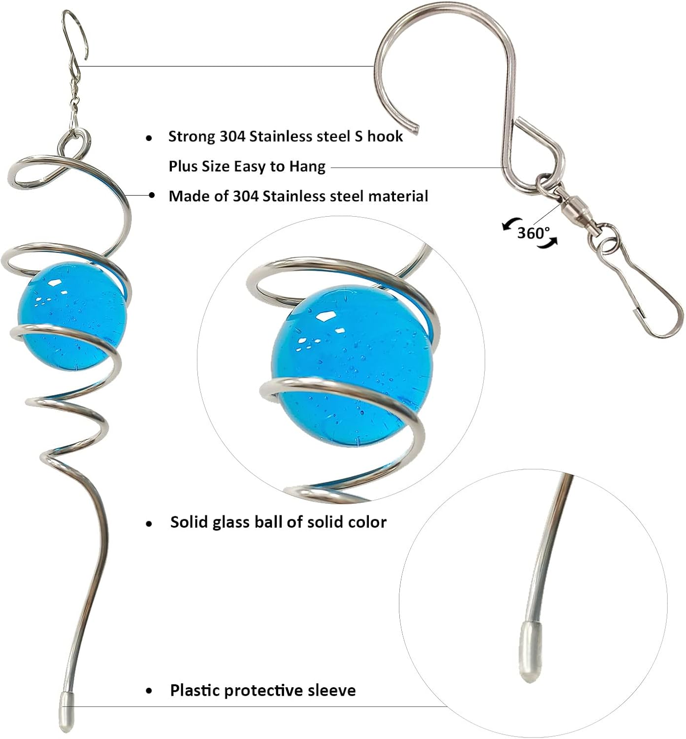 Gazing Ball Spiral Decorative Wind Spinner Tail with Blue Glass Orb,Wind Spinner Spiral Stabilizer,Hanging Visual Illusion in Spinning Yard Art Decor,Indoor Outdoor Garden Decoration-13 in