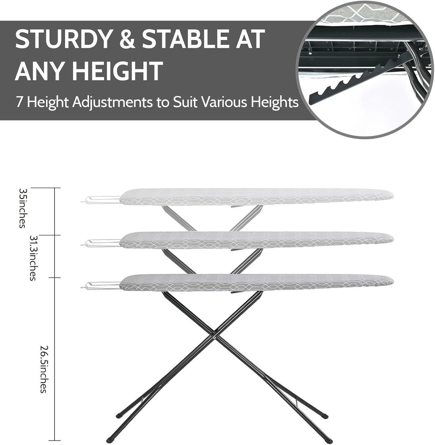 APEXCHASER Full Size Ironing Board with Iron Rest, Lightweight Iron Board with Height Adjustable, Extra Thick Heat-Resistant Cover with Padding, Heavy-Duty Sturdy Metal Legs, 43x13 Grey