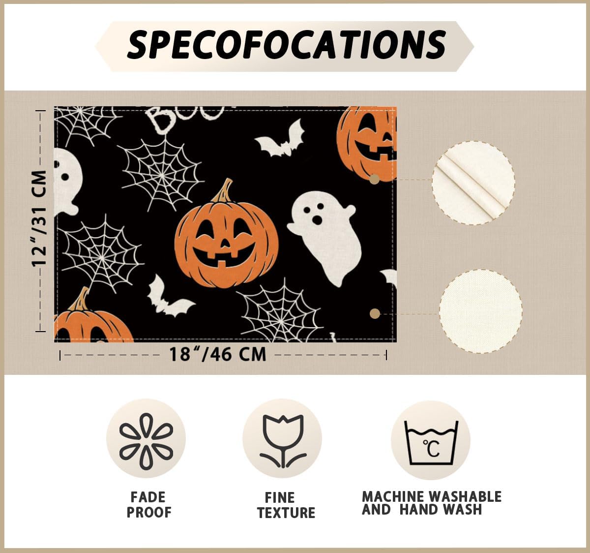 XCHI Boo Spooky Ghost Pumpkin Halloween Cloth Placemats Set of 6 Table Mats Table Decorations 12x18 Inch