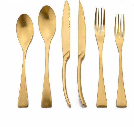 Golden Silverware Set, 6 Pieces 304 Stainless Steel Eating Utensil Set with Gift Box, Include Knife, Forks and Spoons, Matte Polished Flatware Set for 1, Dishwasher Safe, Gold