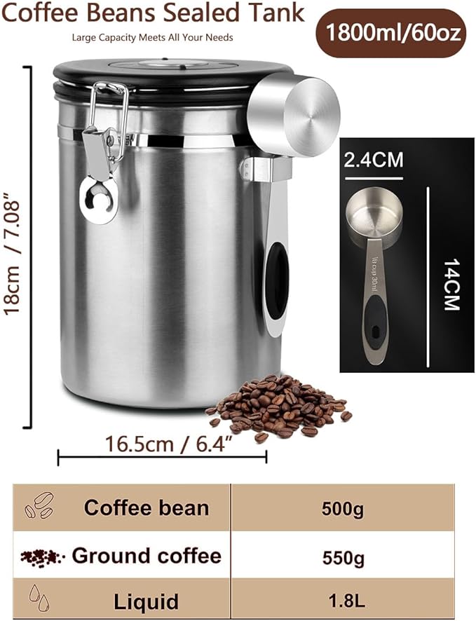 Coffee Canister Airtight Storage Container 1.8L Stainless Steel Air Tight Coffee Jar with Scoop, Date Tracker CO2 Release Valve for Dry Food, Beans, Ground, Tea, Flour, Cereal and Sugar (Silver)