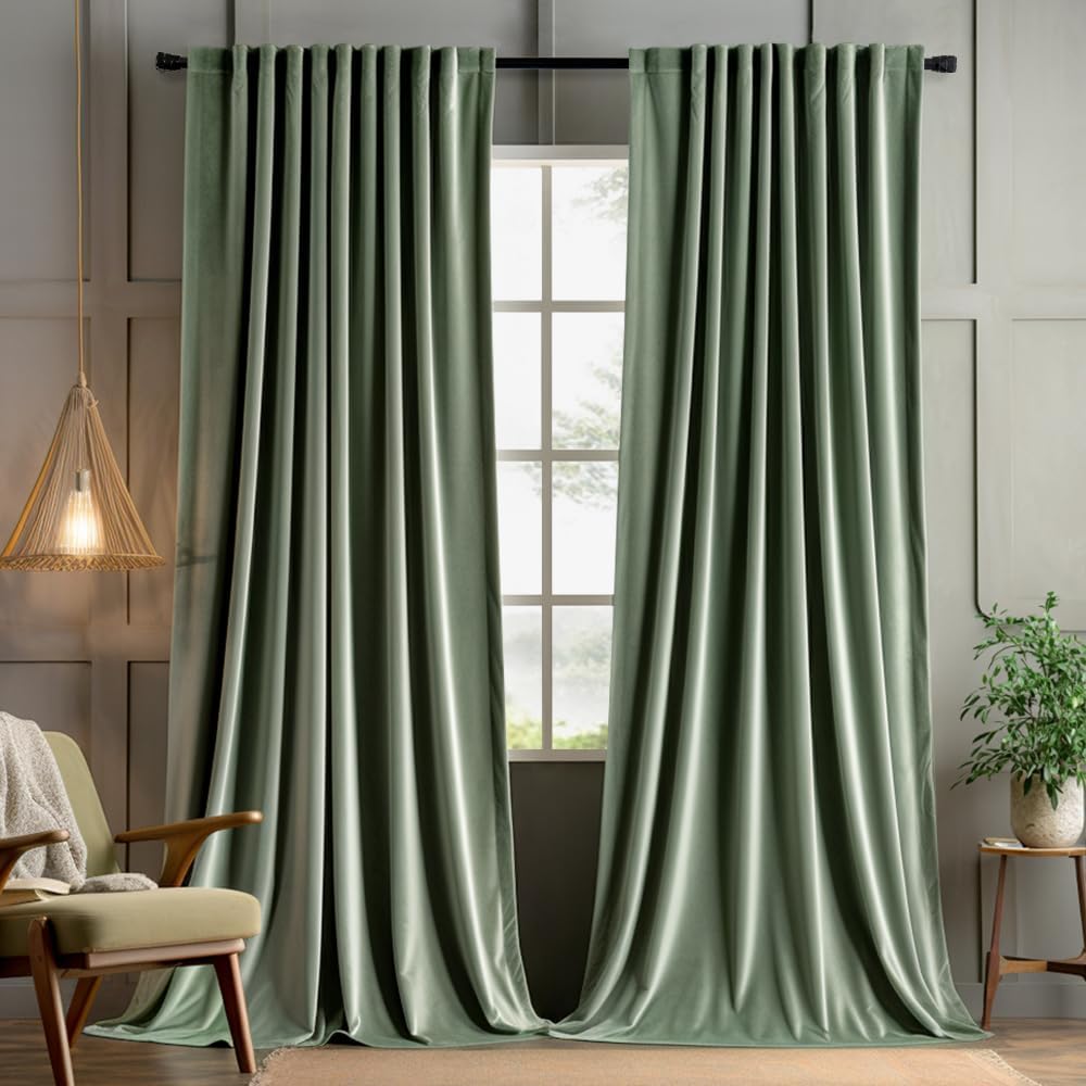 MIULEE Sage Green Velvet Curtains 90 inches 2 Panels - Pinch Pleat Luxury Room Darkening Window Drapes for Bedroom Living Room Thermal Insulated Super Soft Blackout, Back Tab Rod Pocket, W52 x L90