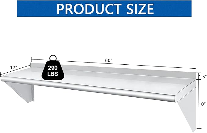 HARDURA Stainless Steel Shelf 12" x 60", 290lb Commercial Shelves Wall Mount Metal Shelving with Backsplash and Brackets for Kitchen, Restaurant, Laundry Room and Home