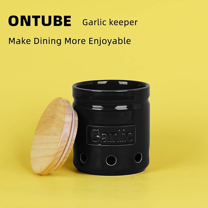 ONTUBE Large Garlic Keeper with Wooden Lid, Ceramic Garlic Holder Storage, Garlic Container for Kitchen, Garlic Saver to Keep Your Garlic Cloves Fresh Longer 4.5-Inch, Black