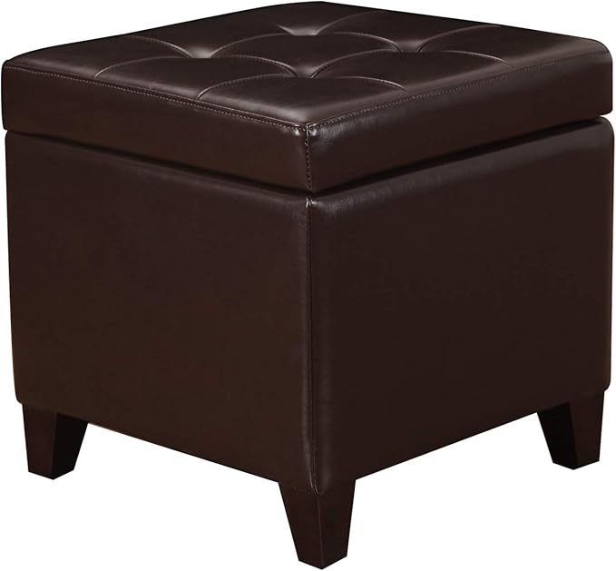 Adeco Bonded Leather Square Tufted Footstool, 18", Brown Storage Ottomans,