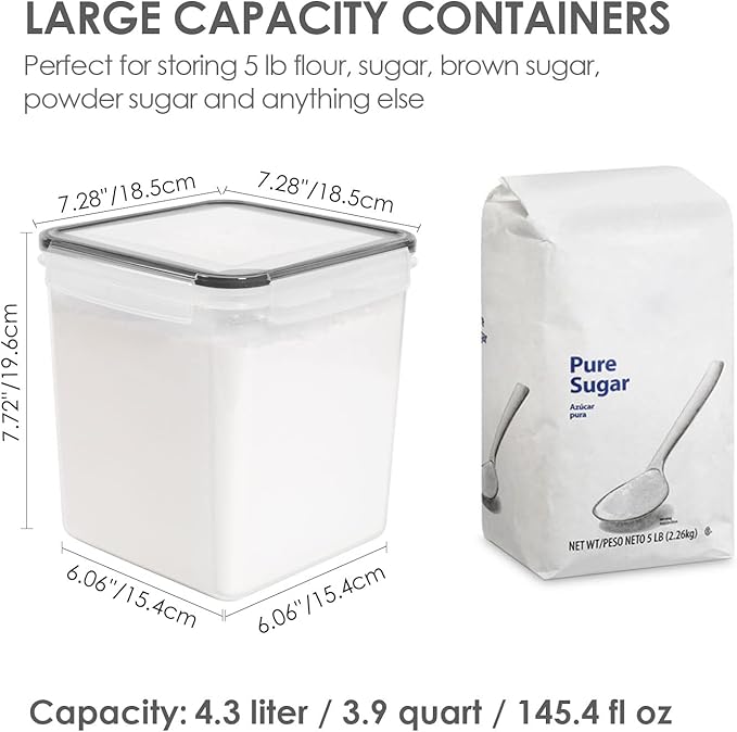 Vtopmart Food Storage Containers 4.3L / 145.4oz, 4 Pieces BPA Free Plastic Airtight Canister for Flour, Sugar, Baking Supplies, with 4 Measuring Cups and 24 Labels, Black