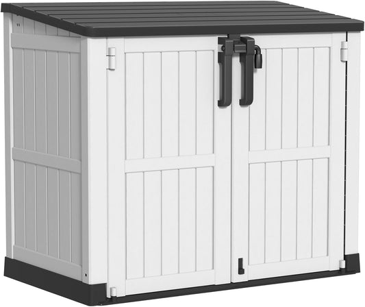 Vixzen 233 Gallon Larger Outdoor Deck Box,Lockable Resin Waterproof Storage Box,UV Resistant,Weather Resistance,Outside Storage Bin for Gardening Tools,Pool Supplies, Black and White