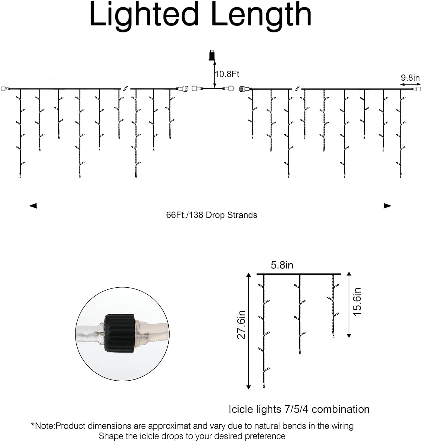 Brightown Christmas Icicle Lights Outdoor, 66 Feet 138 Drops with 736 LED, 8 Modes Waterproof Connectable Twinkle Fairy String Light for Christmas Thanksgiving Hanging Icicles (Pure White)