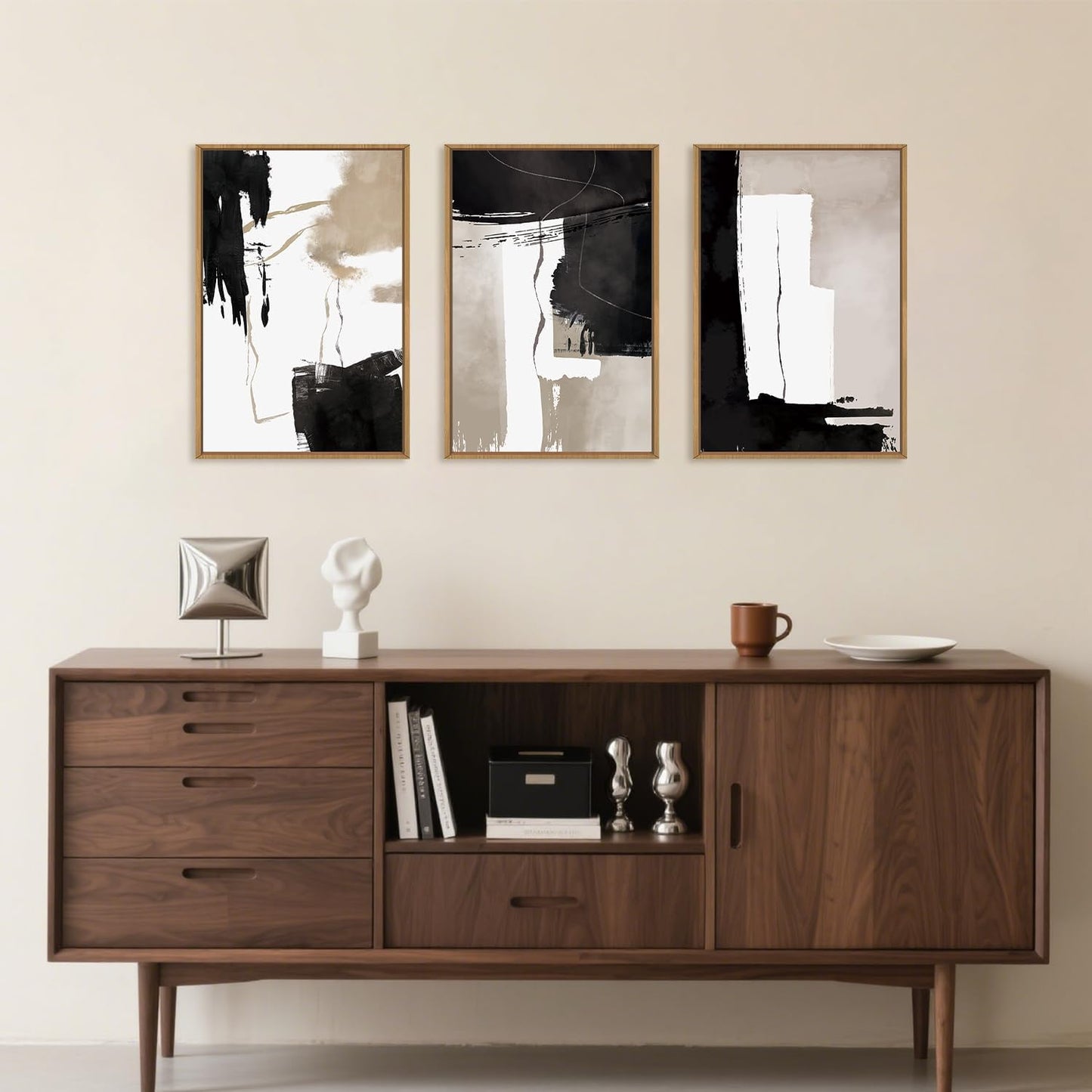 Black White Brown Framed Canvas Wall Art Set, Neutral Geometric Wall Decor, Modern Abstract Wall Painting, Minimalist Artworks for Living Room, Bedroom, Dining Room, Office - 16"x24"x3