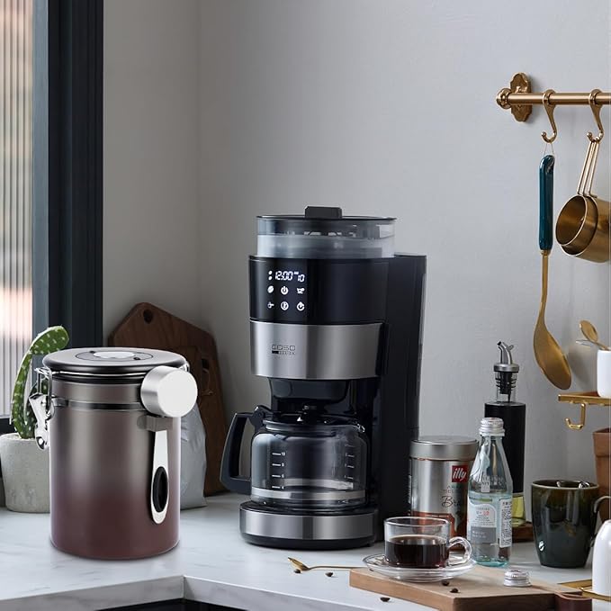 Coffee Canister Airtight Storage Container Stainless Steel Coffee Jar with Scoop,Date Tracker CO2 Release Valve for Dry Food Beans Ground Tea Flour Cereal and Sugar (1.8L Grey-Brown With Spoon)