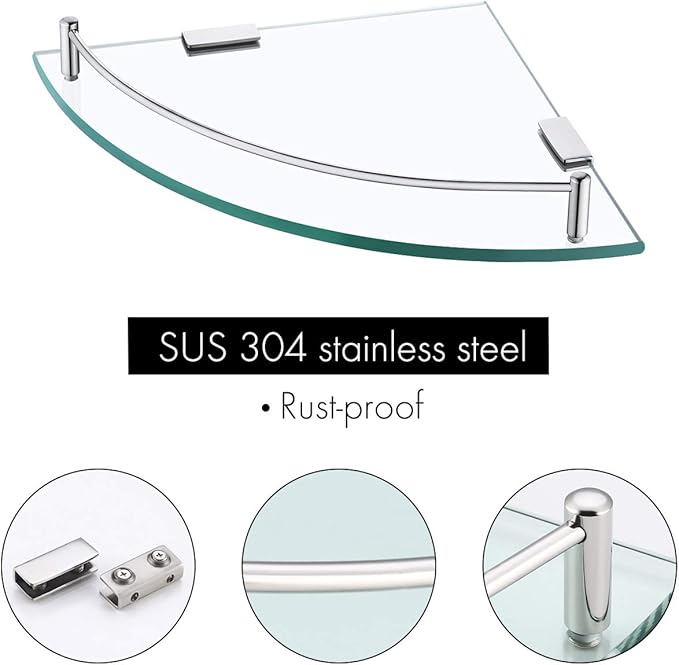 KES Glass Corner Shelf Bathroom Shelf Tempered Glass with Rail SUS 304 Stainless Steel Floating Wall Mount Bracket Polished Finish, BGS2101A