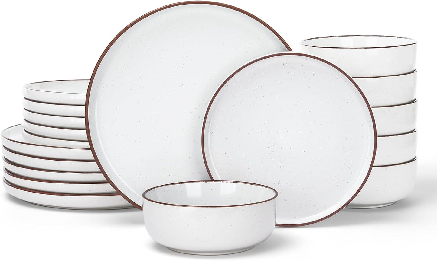 Famiware Mercury Plates and Bowls Sets, 18 Pieces Stoneware Dinnerware Sets, Dishes Set for 6, Microwave and Dishwasher Safe, White