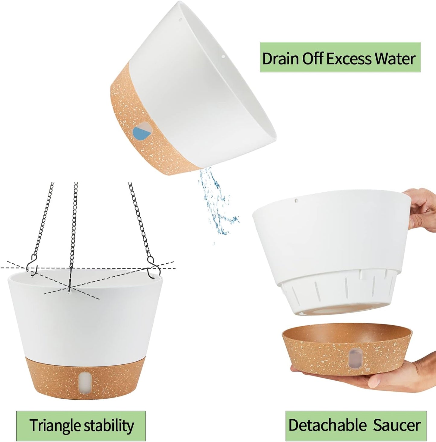 2 Pack 10 Inch Hanging Planters for Indoor Outdoor Plants, Hanging Plant Flower Pot Basket with Drainage Hole with Removable Tray&Hooks Self Watering Plant Pot for Hanging Plants, White