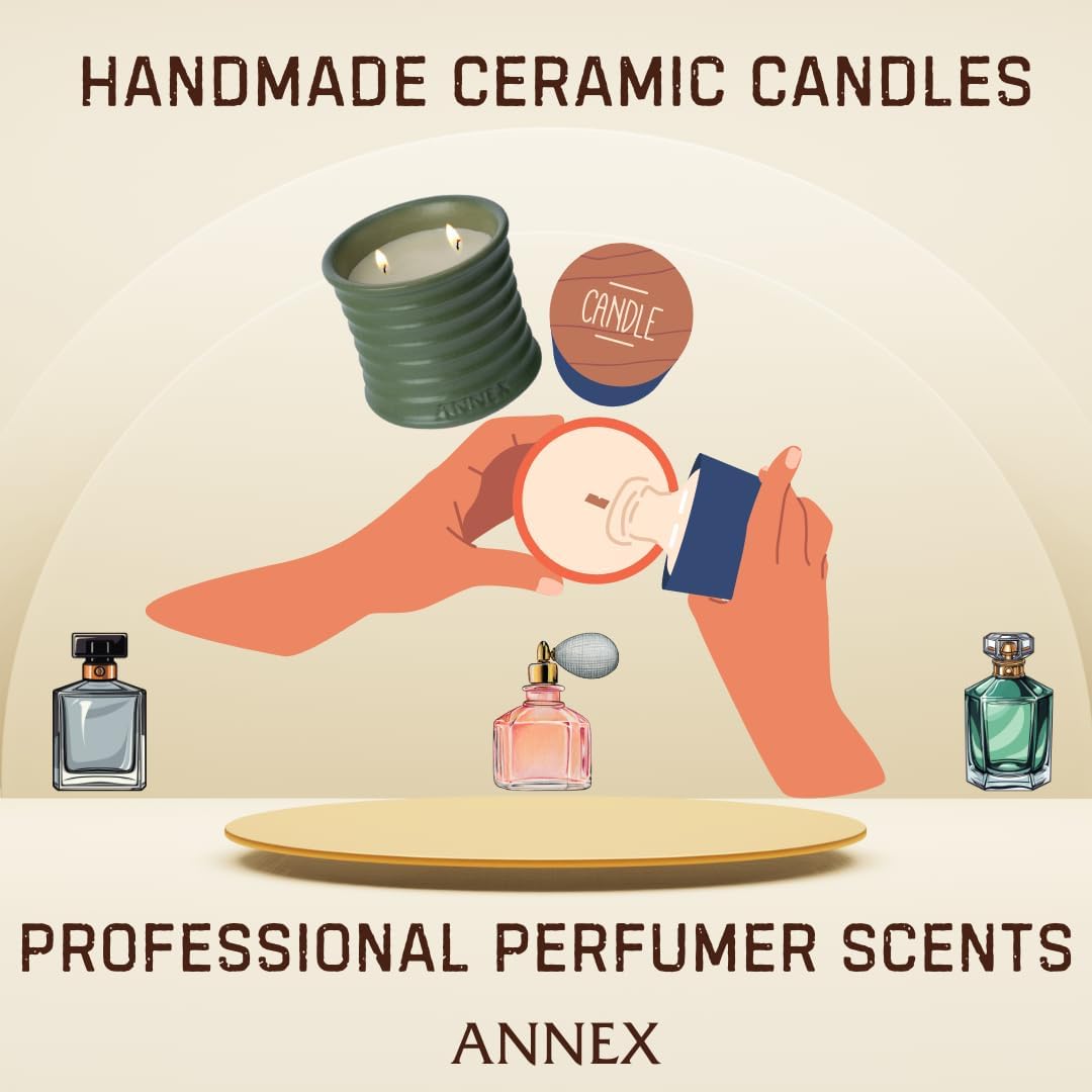 Scented Luxury Candles in Handmade Ceramic Jars, Soy Wax | Woody Wood – Oud & Agarwood, Large Candle | Non Toxic, 2 Wicks, Reusable Big Olive Green Jar | Natural Spring Aromatherapy for Women & Men