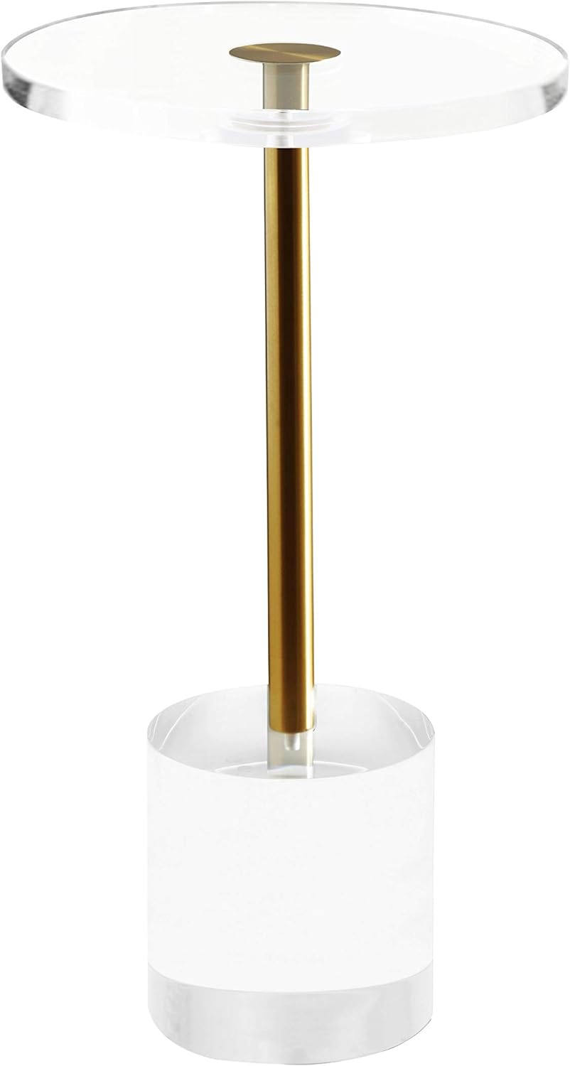 Clear Acrylic End Table,Side Table,Brushed Brass Metal,Round,for Office, Living Room and Bedroom,Easy Assembly,12x12 inch，21.3 inch high
