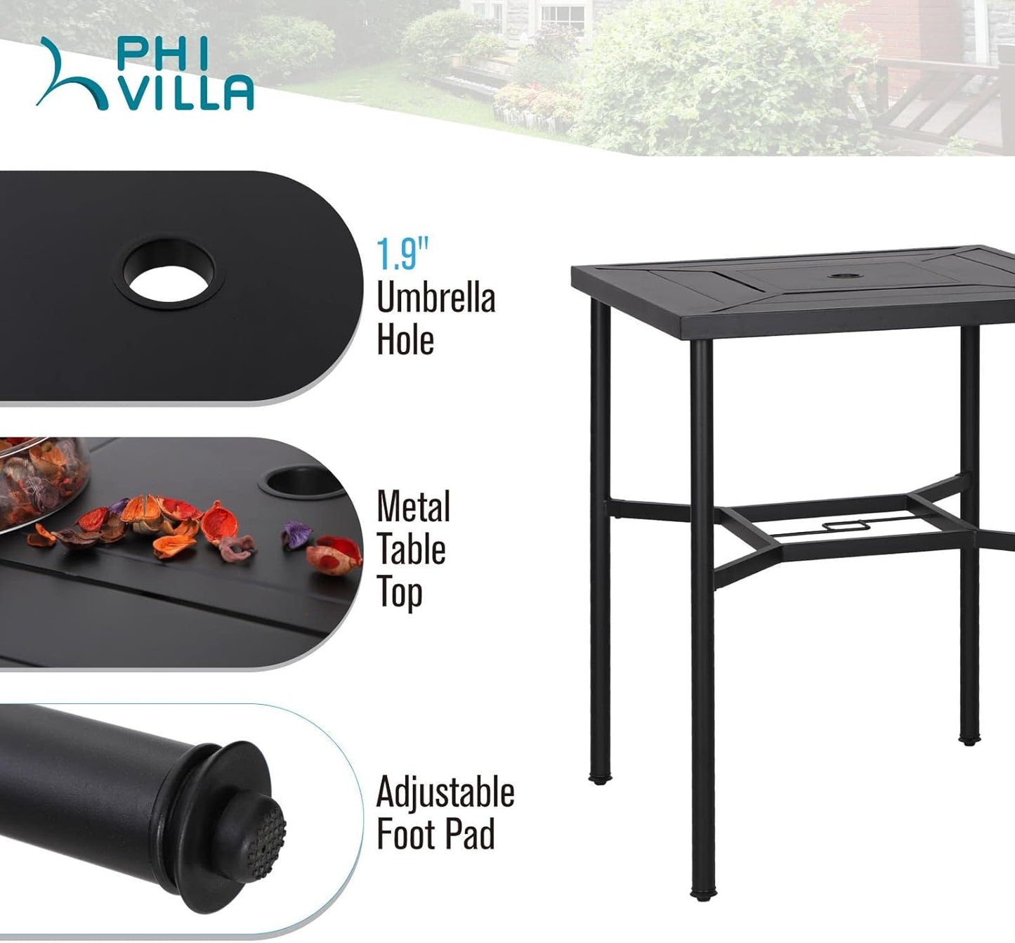 PHI VILLA 5 Piece Patio Bar Hight Dining Set for 4, Outdoor Bar Set with 4 Swivel Cushioned Bar Stools and 1 Square Metal Bar Table(1.9" Umbrella Hole) for Lawn Garden