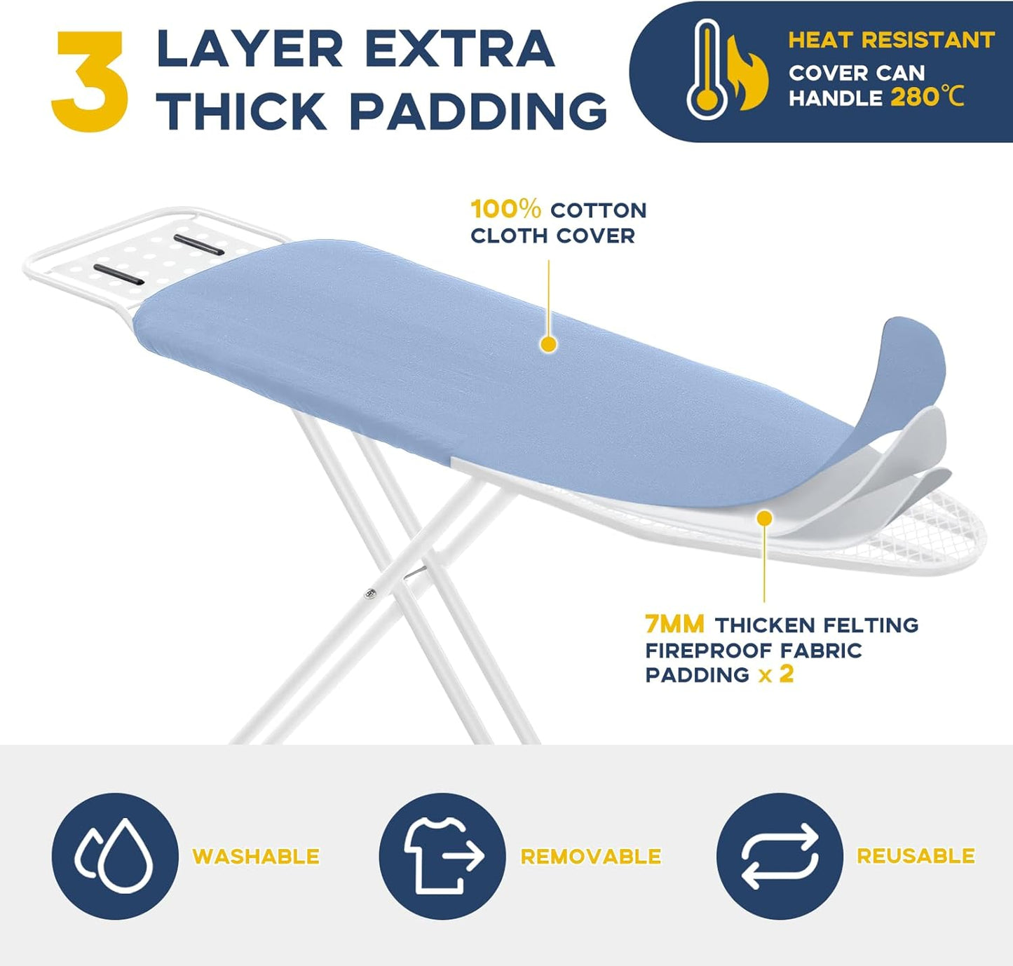 Full Size Ironing Board with Iron Rest, Heavy Duty Compact Ironing Board 43"x13" with Thick Cover and Pad, Height Adjustable Sturdy Iron Stand, Blue