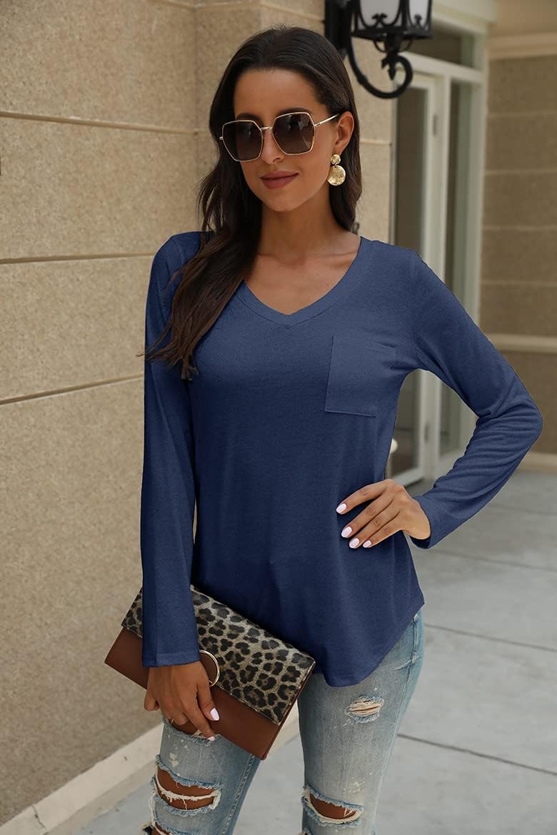 Tobrief Women's Long Sleeve V-Neck Shirts Fall Graphic Tees Loose Casual T-Shirt