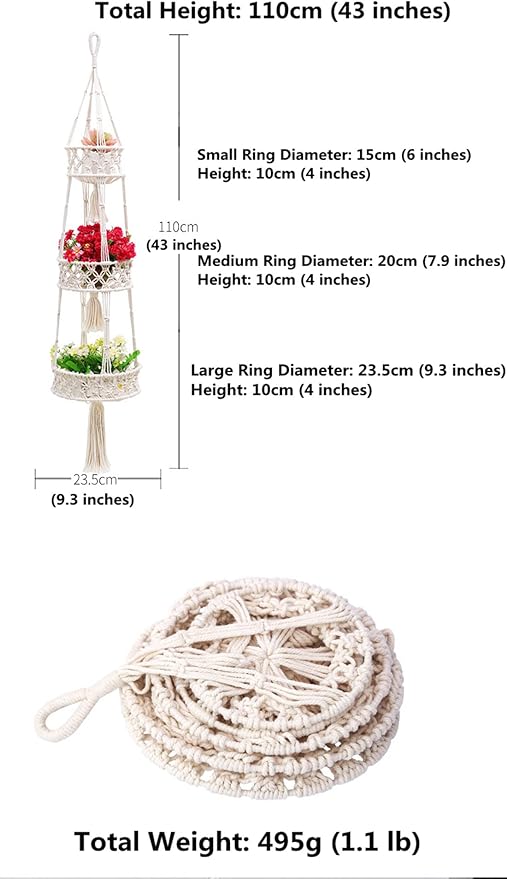 Pony River Hanging Fruit Basket, 3 Tier Cotton Macrame Produce Basket for Kitchen, Indoor Planter Hangers.