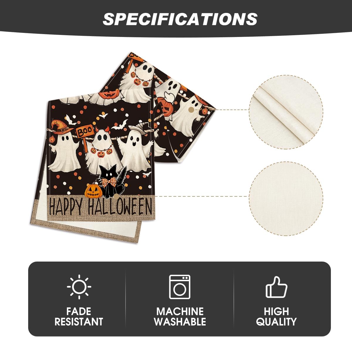 Artoid Mode Ghost Jack-O'-Lantern Black Cat Halloween Table Runner,Holiday Kitchen Dining Table Decoration for Home Party Decor 13 x 36 Inch