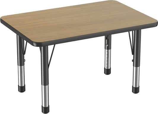 Factory Direct Partners FDP Rectangle (24 x 36 inch) Classroom Table with Adjustable Chunky Toddler Legs (15-24 in); Preschool, Kinder and Daycare Furniture - Pasadena Oak Top/Black Edge and Legs