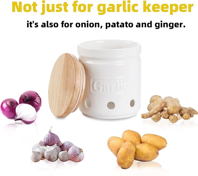 Large Garlic Keeper with Wooden Lid, Ceramic Garlic Holder Storage, Garlic Container for Kitchen, Garlic Saver to Keep Your Garlic Cloves Fresh Longer 4.5-Inch, White