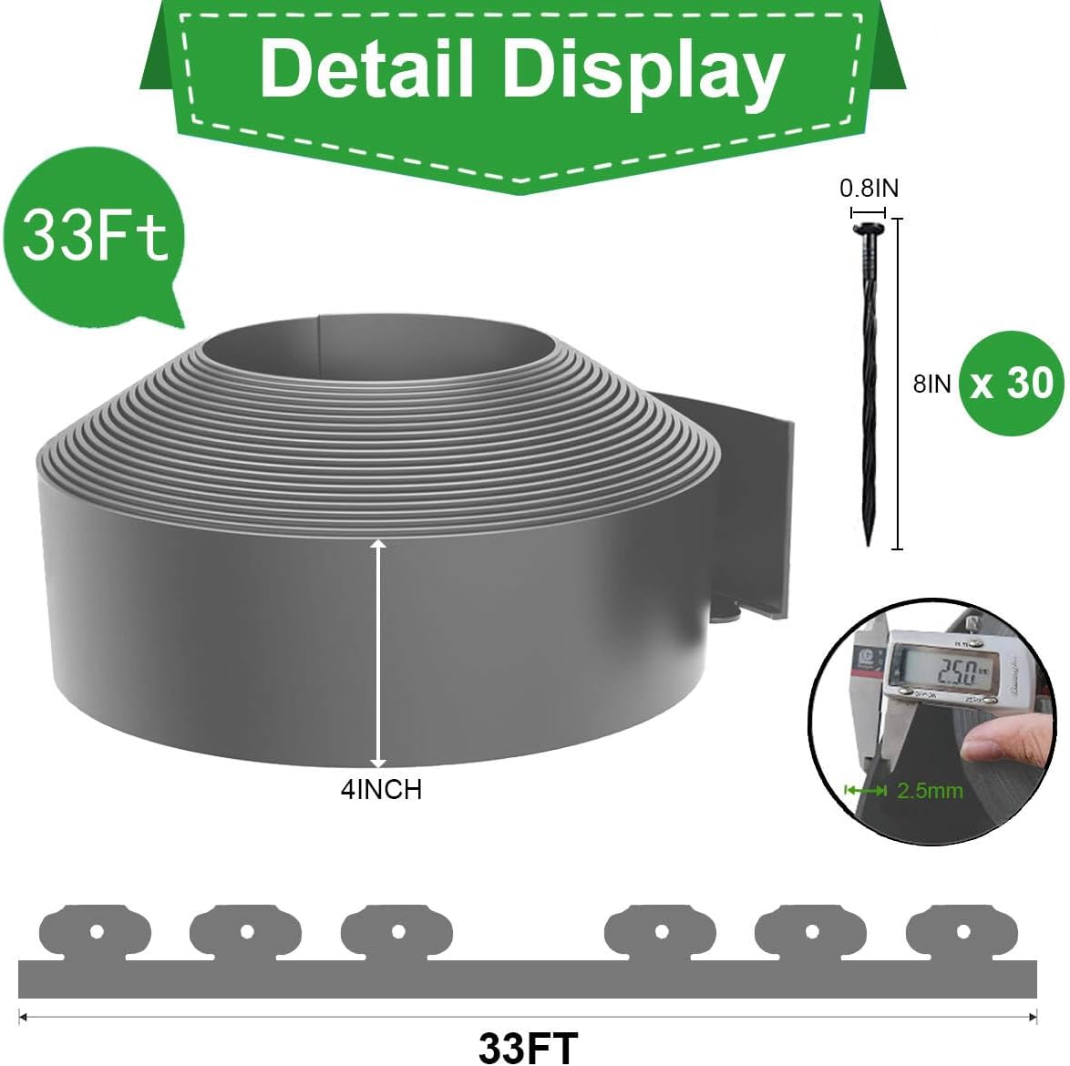 Landscape Edging,33ft x 4inch Tall Plastic Garden Edging Border with 30 Spikes,Lawn Edging for Landscaping Flower Bed,Yard,Patio-Grey