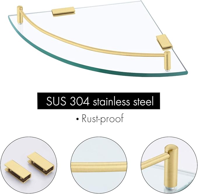 KES Glass Corner Shelf Bathroom Shelf Tempered Glass with Rail SUS 304 Stainless Steel Floating Wall Mount Bracket Brushed Gold, BGS2101A-BZ