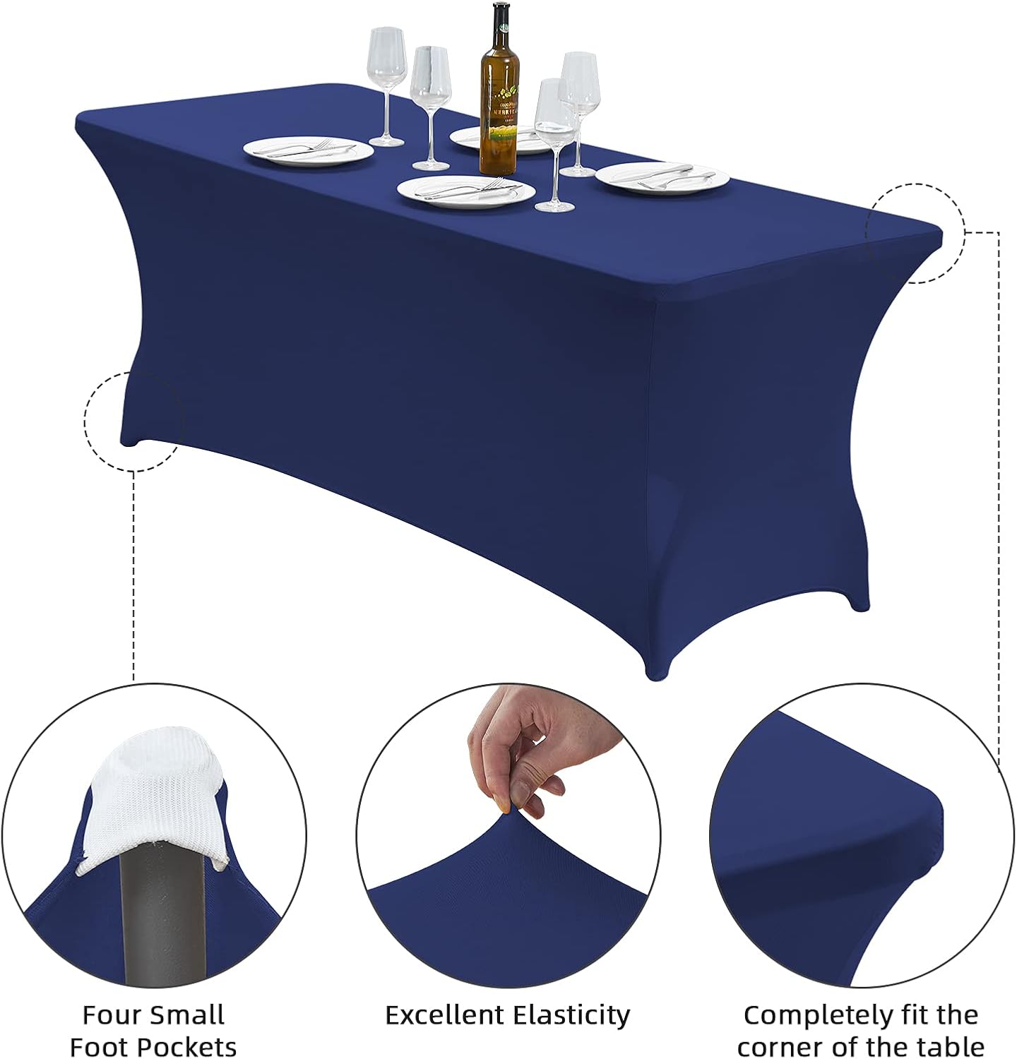 CWK 6FT Waterproof Stretch Spandex Table Cover for Rectangular Tables - Elastic Fitted Tablecloth for Folding Tables,Wrinkle Resistant Table Cloth for Parties, Weddings, Banquets & Events (Blue)