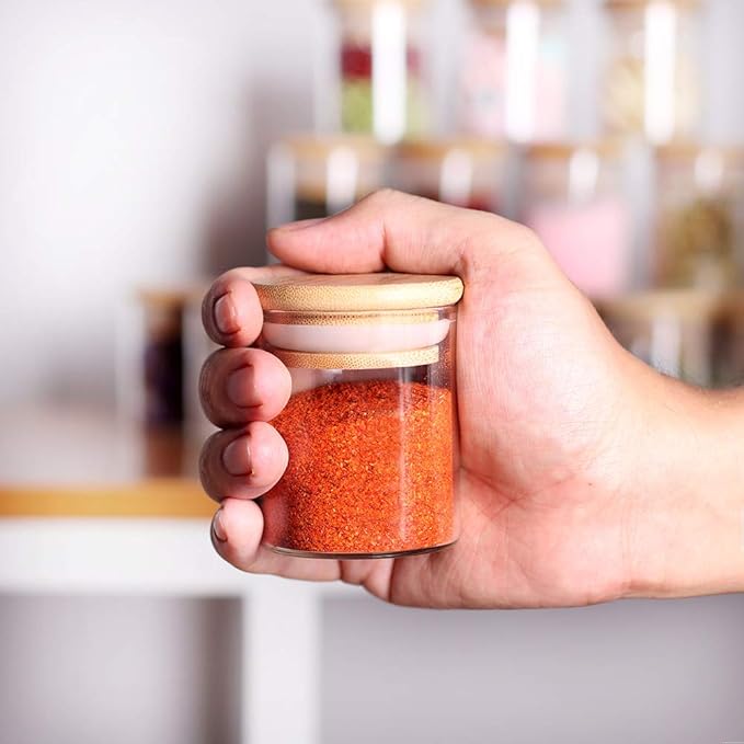Spice Jar Set,2.5oz 20 Piece Glass Jar with Bamboo Airtight Lids and Labels, Mini Clear Food Storage Containers for pantry, kitchen canisters for Tea, Herbs, Sugar, Salt, Coffee