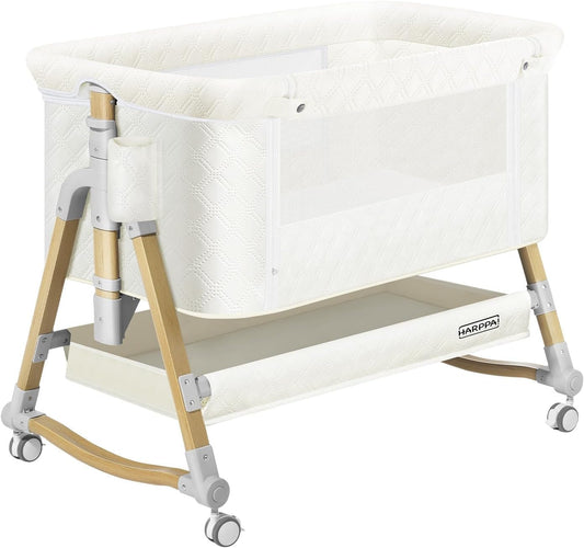 HARPPA Cuddly Bassinet, 3 in 1 Baby Bassinet Bedside Sleeper, Bedside Crib with Mattress and Wheels, Breathable Mesh, 5 Height Adjustable, Anchor Strap (Wood Grain, White)