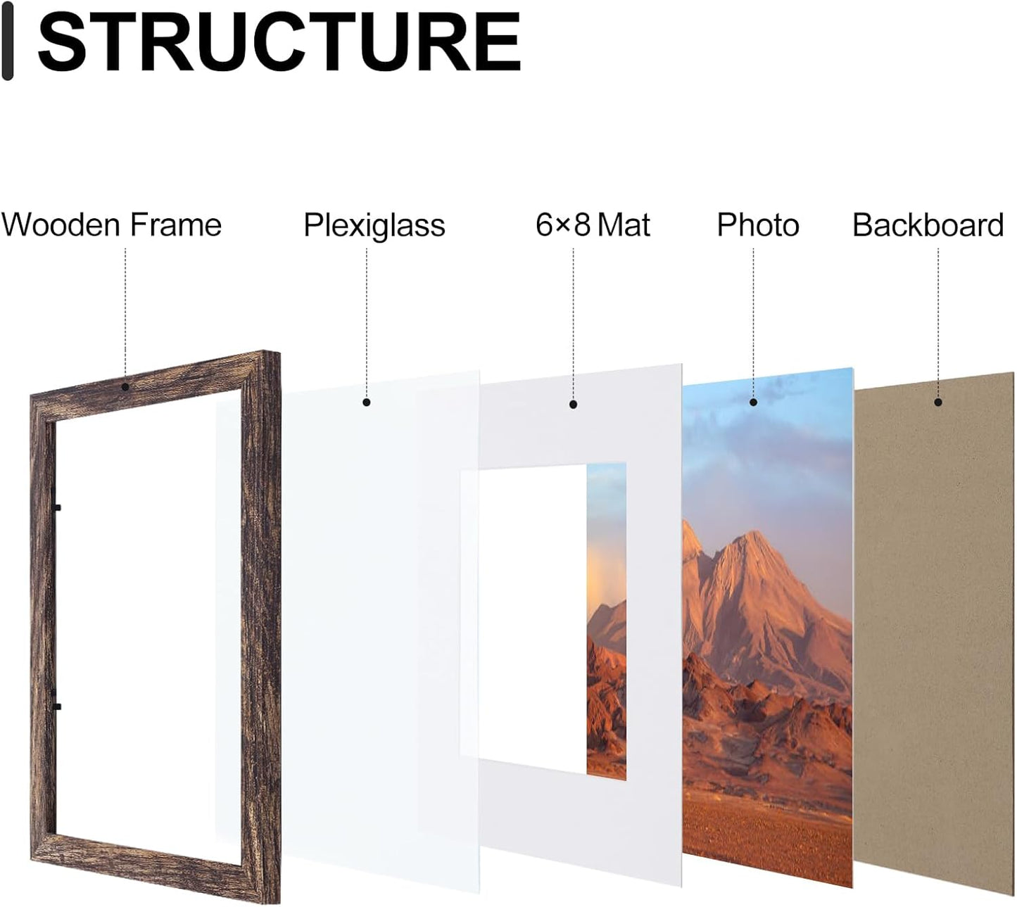 Vittanly 9x12 Picture Frames Set of 9, Shatter Resistant Plexiglass, Display 6x8 Pictures with Mat or 9x12 without Mat, Photo Frames for Wall or Tabletop, Engineered Wood, Brown