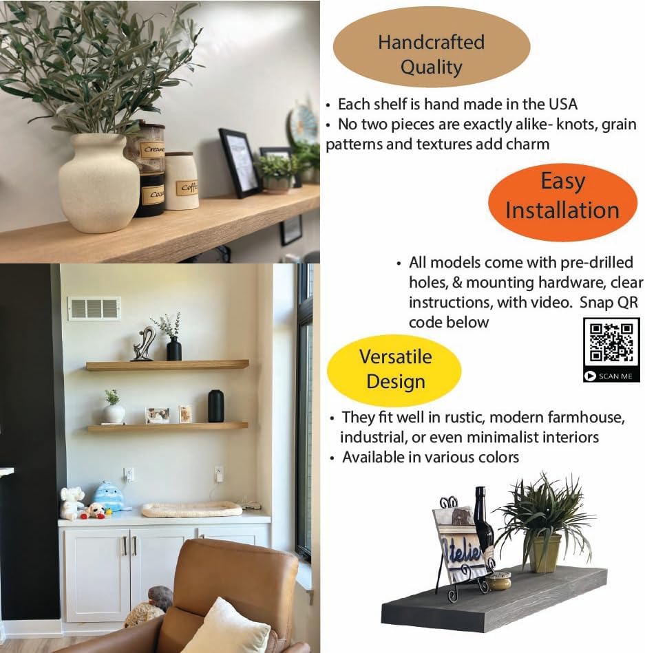 joelsantiques - 36 Inch Wooden Floating Shelves for Wall - 36x8x2 in - Made of Natural Wood - Heavy Duty Rustic Wall Shelves for Bedroom - Perfect for Living Room, Kitchen - Natural