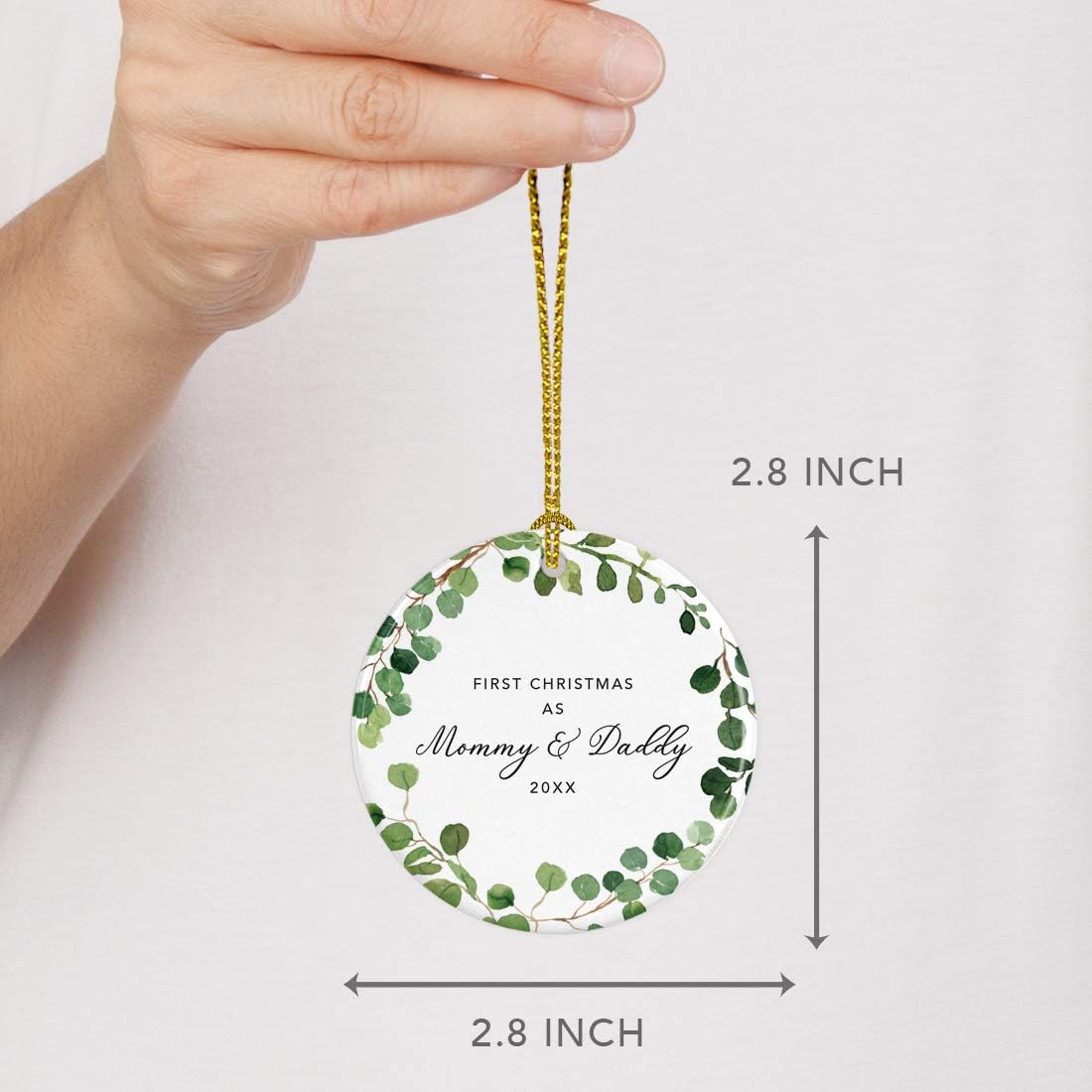 Andaz Press Custom Year Round Ceramic Porcelain Christmas Tree Ornament Keepsake Collectible Gift, First Christmas as Mommy & Daddy 2025, Farmhouse Eucalyptus Wreath, 1-PackNew