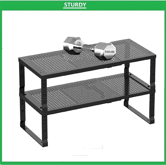 Metal Stackable Expandable Storage Shelf - Multi-Functional Home Storage Shelf, Suitable for Kitchen, Cabinet，Bathroom, Office, Garage, etc.（2PACKS/Black/Medium