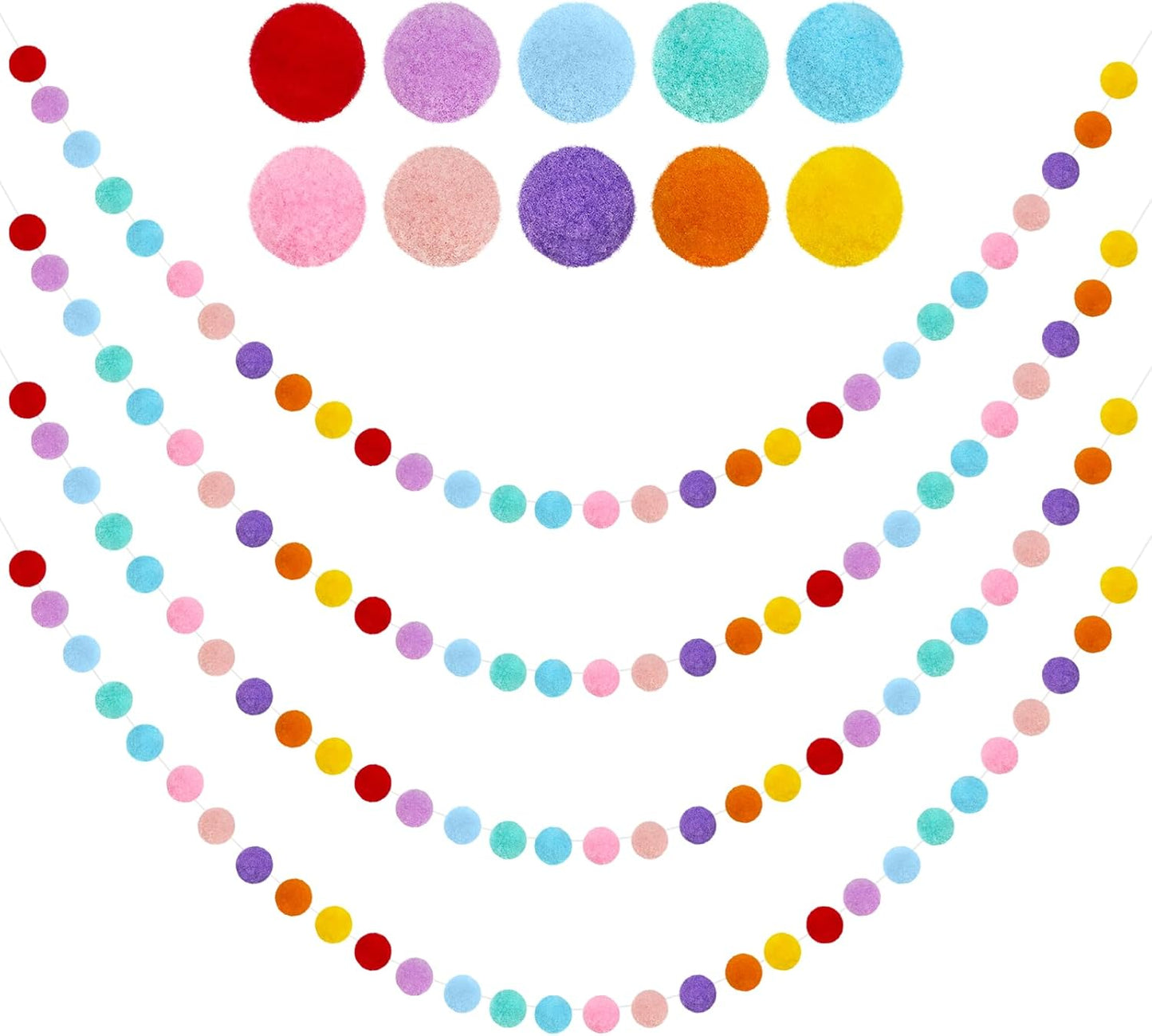 4 Pack Colorful Pom Pom Garland, 26.5 Feet Long Felt Ball Rainbow Banner, 30 Balls 10Color Felt Ball Garland for Christmas Tree Decoration Party Hanging Decor