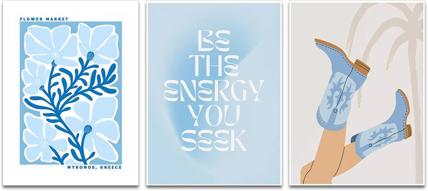 Blue Preppy Canvas Wall Art Posters Set of 3 Trendy Cowgirl Boots Home Decor Flower Market Painting Prints Coastal Aesthetic Picture for Girls Bedroom Bathroom Living Room Dorm 12x16Inch Unframed