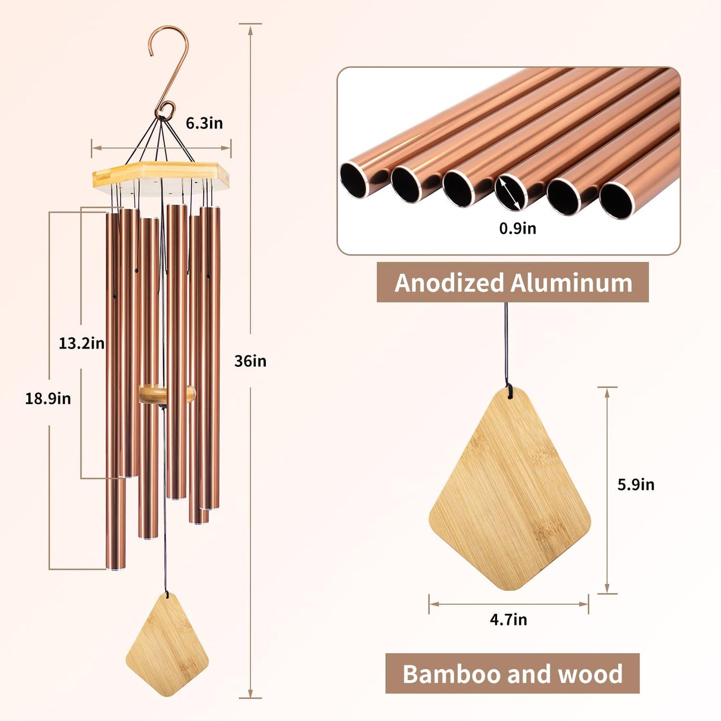 Wind Chimes Outdoor, Deep Tone Memorial Wind Chimes with Hook, Gifts for Mother's Day/Housewarming/Christmas, Patio, Garden, Yard, Home Decor, Copper