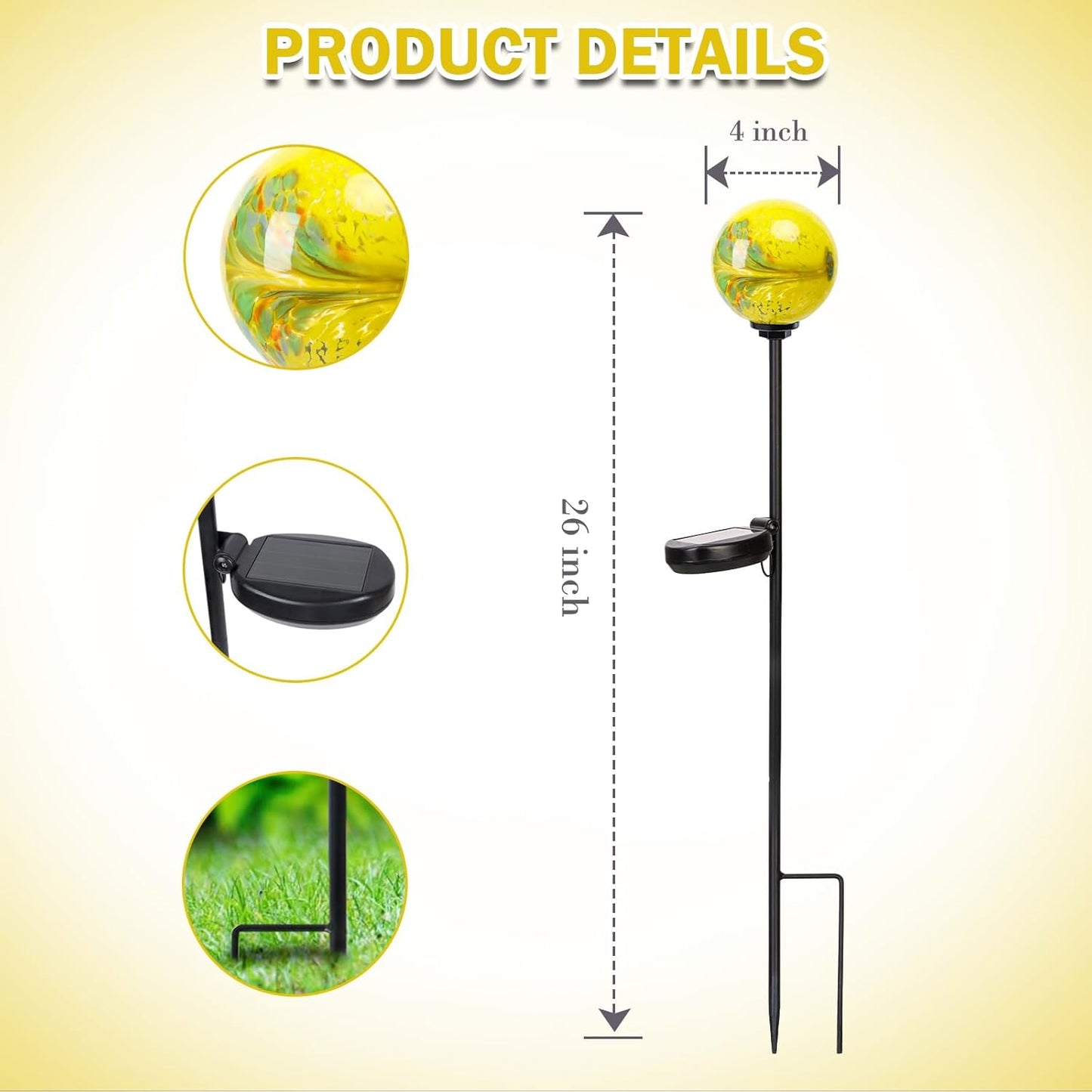 Solar Lights Outdoor Decorative Solar Outdoor Decorative Glass Ball Stakes Waterproof Garden Stake Glass LED Garden Globe Lights for Pathway Yard Lawn Decoration Yellow