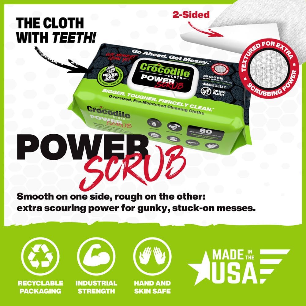 Crocodile Cloth Power Scrub - 6 pack. 480 (15" x 10") Heavy Duty Cleaning Wipes. Safe on Skin & Multiple Surfaces. Infused with Aloe & Vitamin E. Textured, Large, Pre-Moistened & Absorbent.