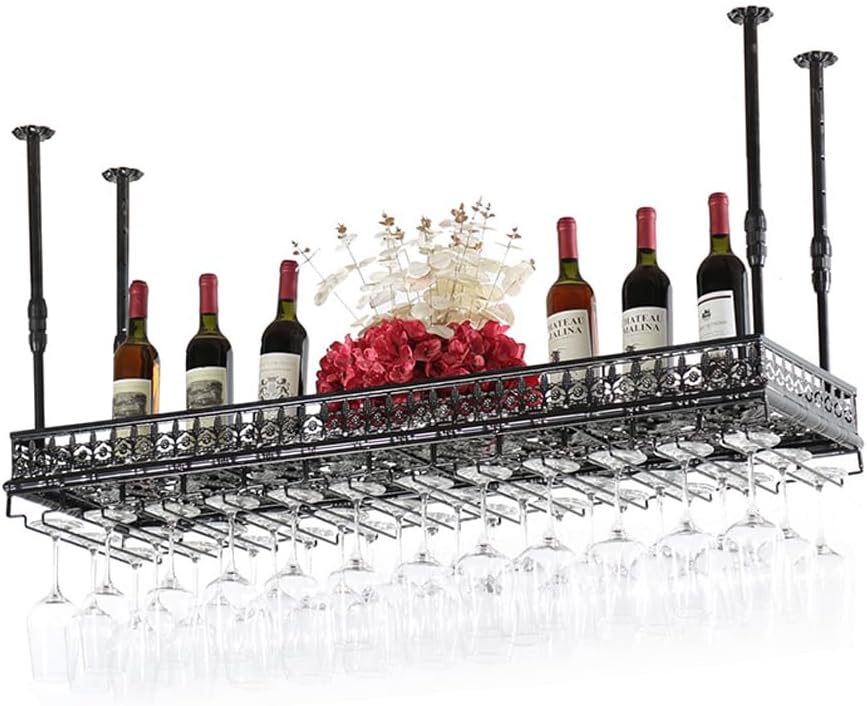Hanging Wine Rack with Glass Holder, Ceiling Wine Glass Rack 13.78-21.65 inch Height Adjustable Industrial Hanging Wine Rack Ceiling Mounted Metal Wine Shelf Holder for Bar Cafe Kitchen (black)