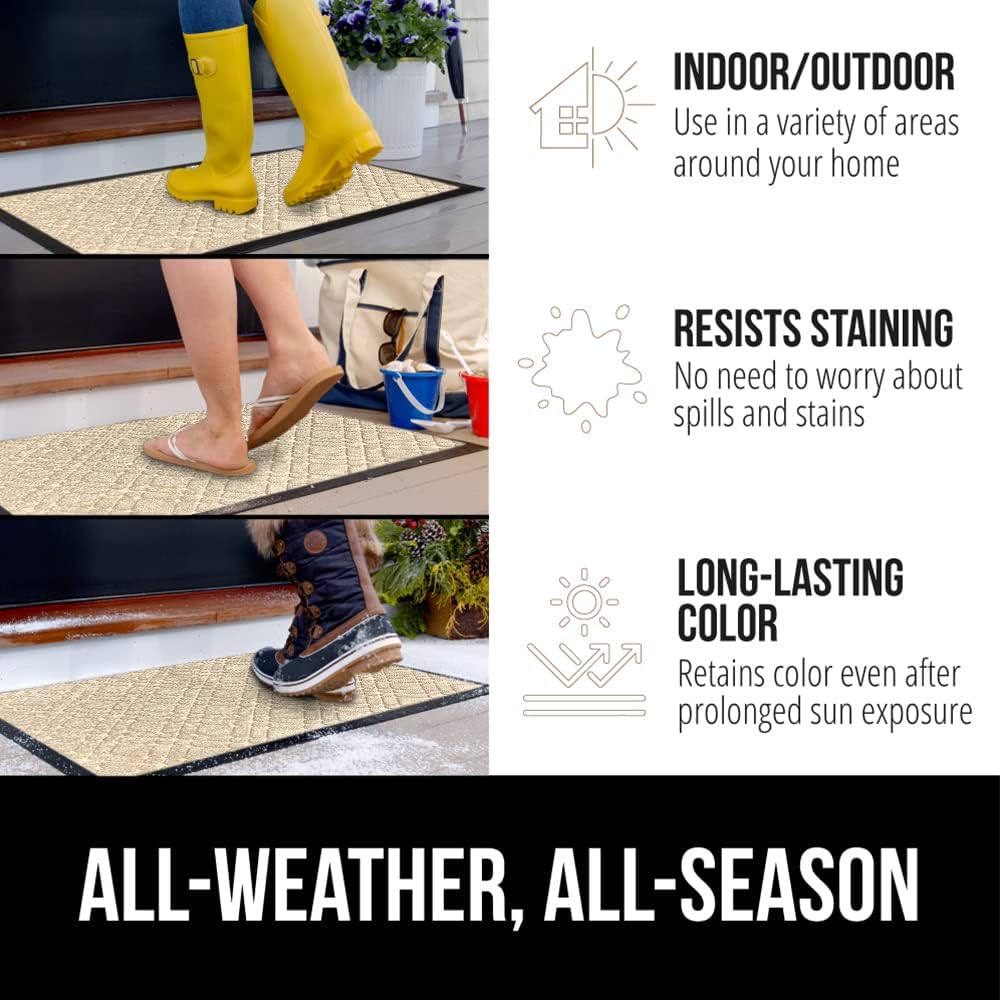 GORILLA GRIP 100% Waterproof All-Season WeatherMax Doormat US Designed Natural Rubber, Stain and Fade Resistant, Low Profile Indoor Outdoor Door Mats, Easy Clean Patio Mat, 17x29, Modern Latte