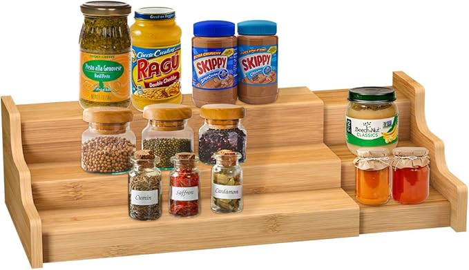 Spice Rack Kitchen Cabinet Organizer- 3 Tier Bamboo Expandable Display Shelf Yellow