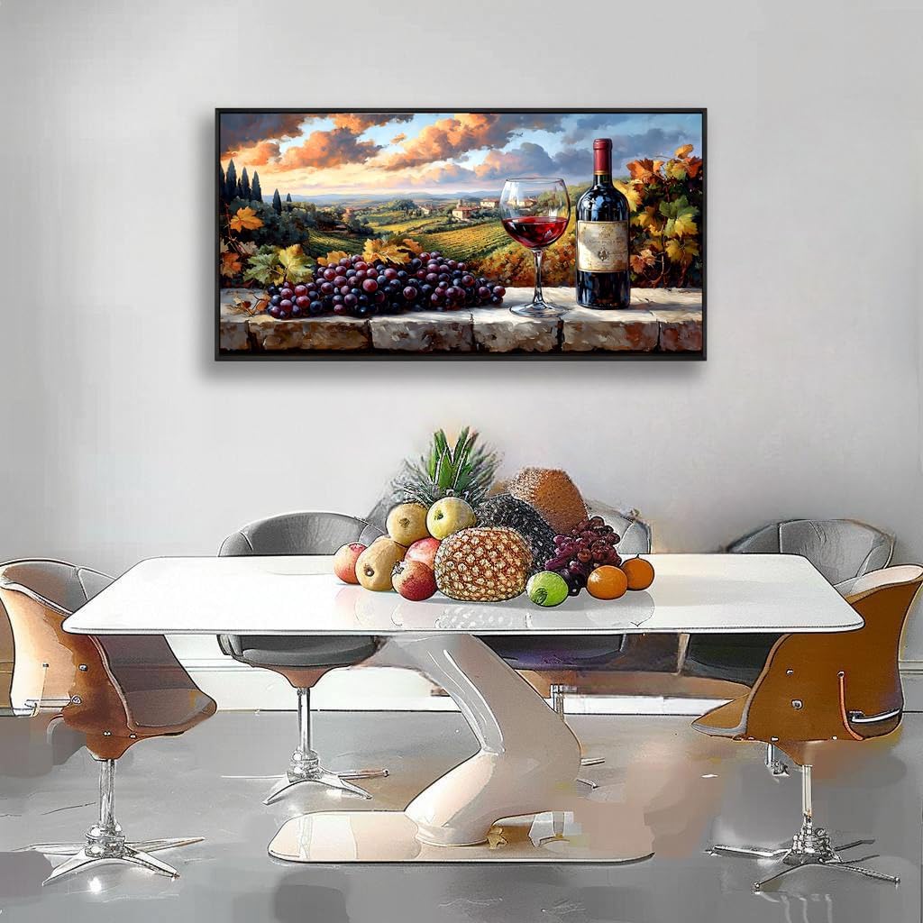 HUADAOART Kitchen Wall Decor Framed Canvas Print Grape Wine Glass Estate Wall Art for Restaurant Rural Landscape Pictures Office Home Decoration 20 x 40 inches Ready to Hang