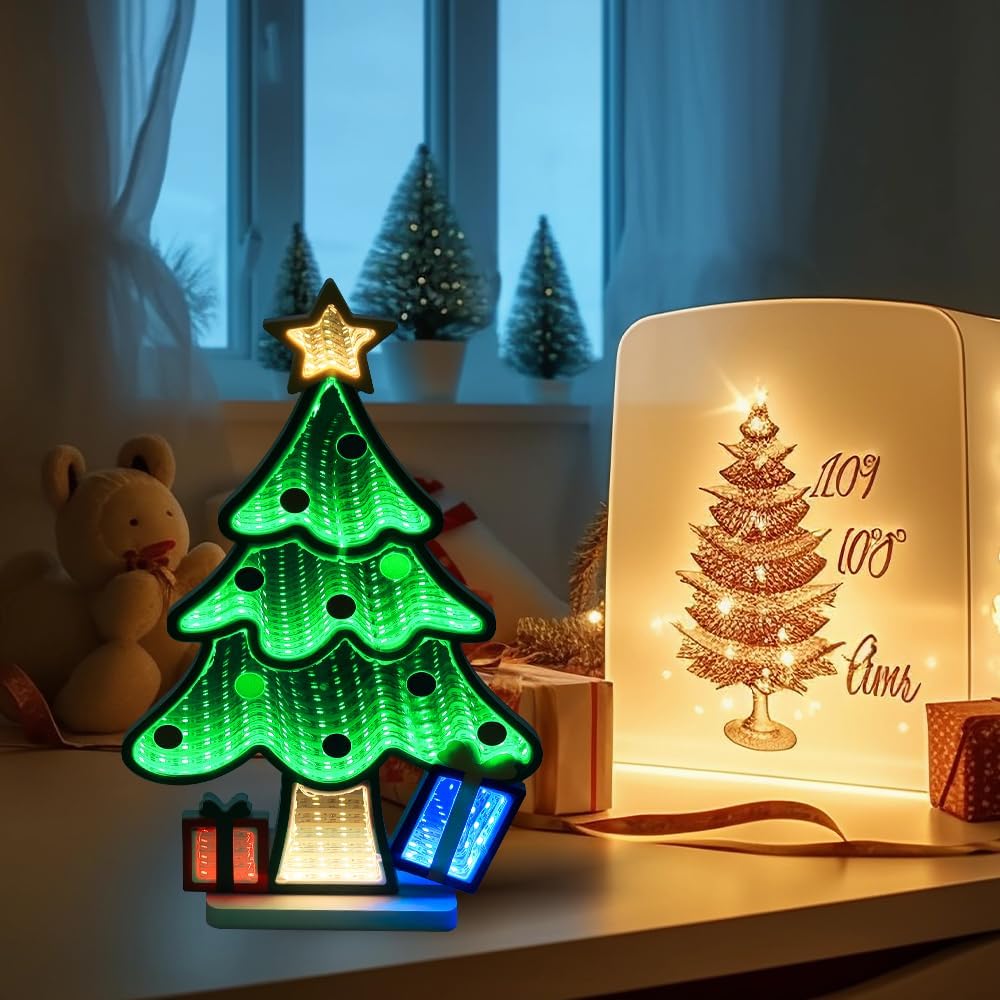 MEETYAMOR Christmas Decorations Indoor, Christmas Tree Infinity Mirror Tunnel Light - 3D Endless Extension LED Night Lamp, USB Powered Colorful Table Centerpiece for Bedroom, Living Room Home Decor