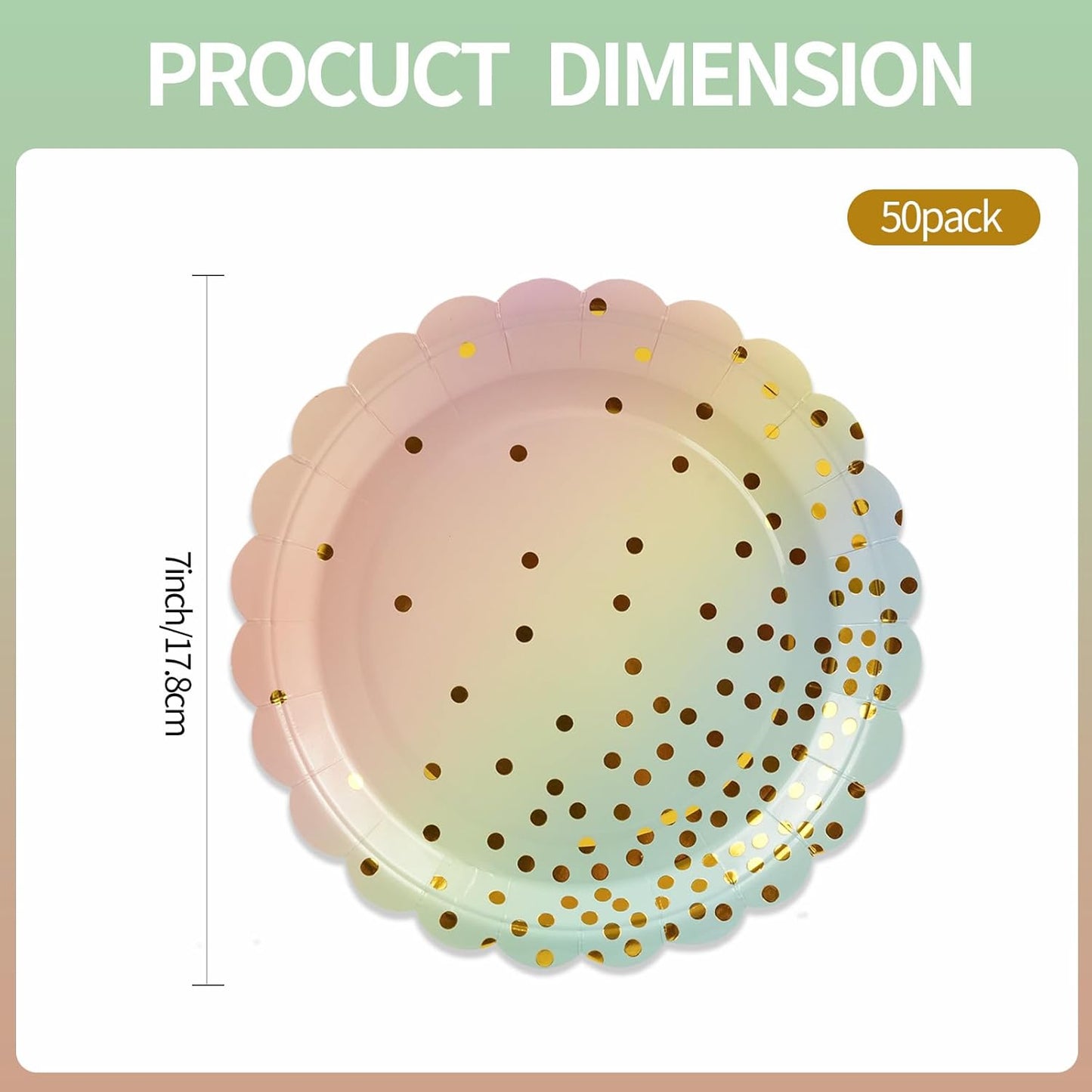 50PCS Pastel Rainbow Paper Plates, 7 Inch Scalloped Colorful and Gold Dot Party Plates Disposable Dessert Plate Cake Plate Pastel Party Supplies Decorations for Birthday Aniversary
