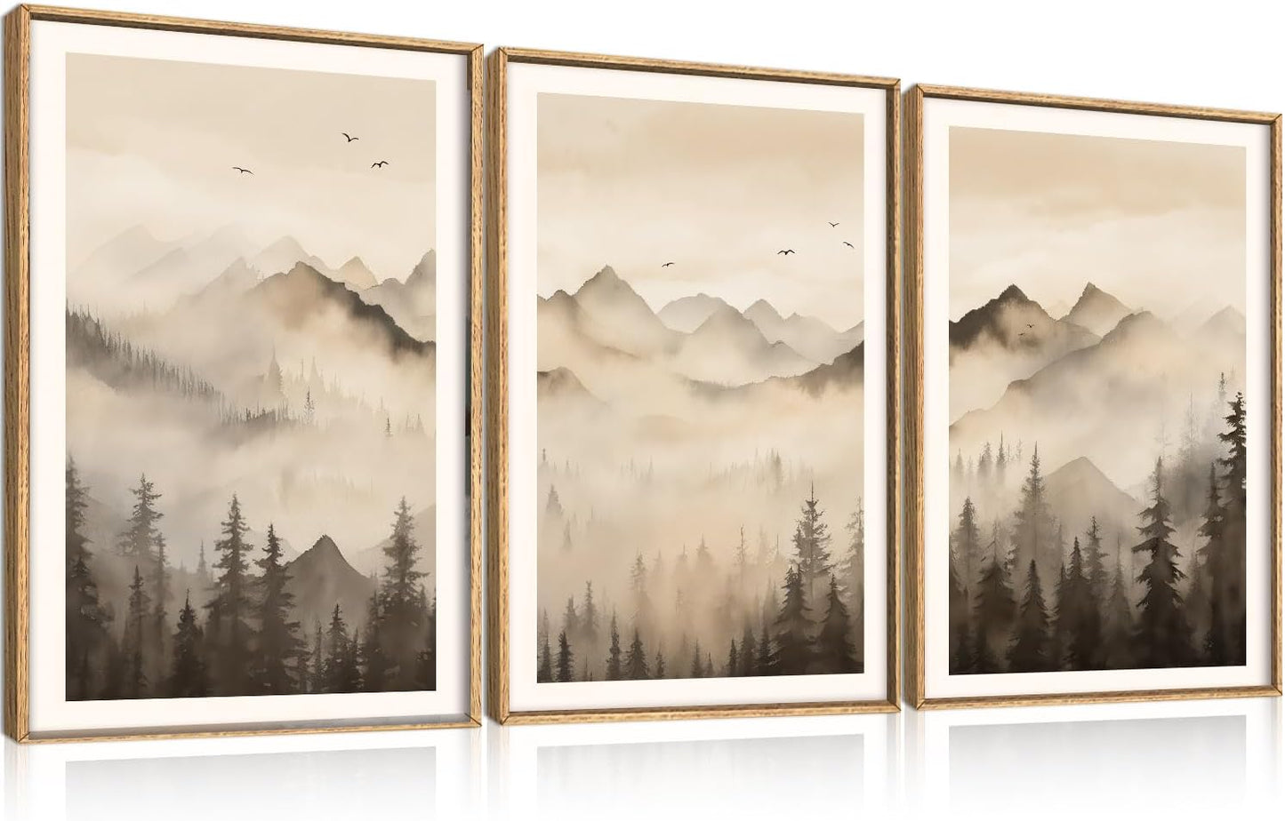 Celestdeco Nature Misty Forest Framed Canvas Wall Art Set, Foggy Landscape Wall Decor, Watercolor Pine Tree Wall Painting, Large Mountains Art Print for Living Room, Bedroom, Office - 24"X36"X3