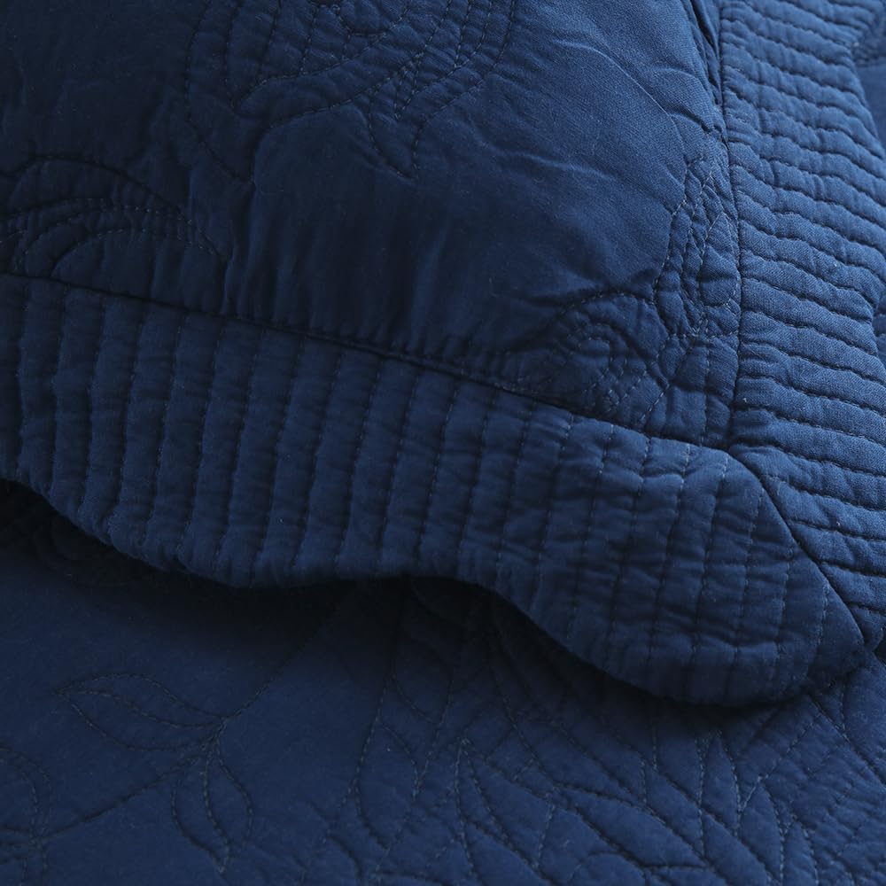 Cotton Bedspread Quilt Sets, Real Patchwork Bedding Sets with Luxury Floral Paisley Pattern, 3 Pieces Reversible Soft Lightweight Coverlet for All Season, Navy Blue, King Size