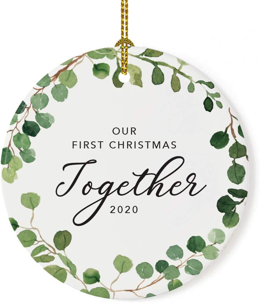 Andaz Press Custom Year Round Ceramic Porcelain Christmas Tree Ornament Keepsake Collectible Gift, Our First Christmas Together 2025, Farmhouse Eucalyptus Wreath, 1-Pack
